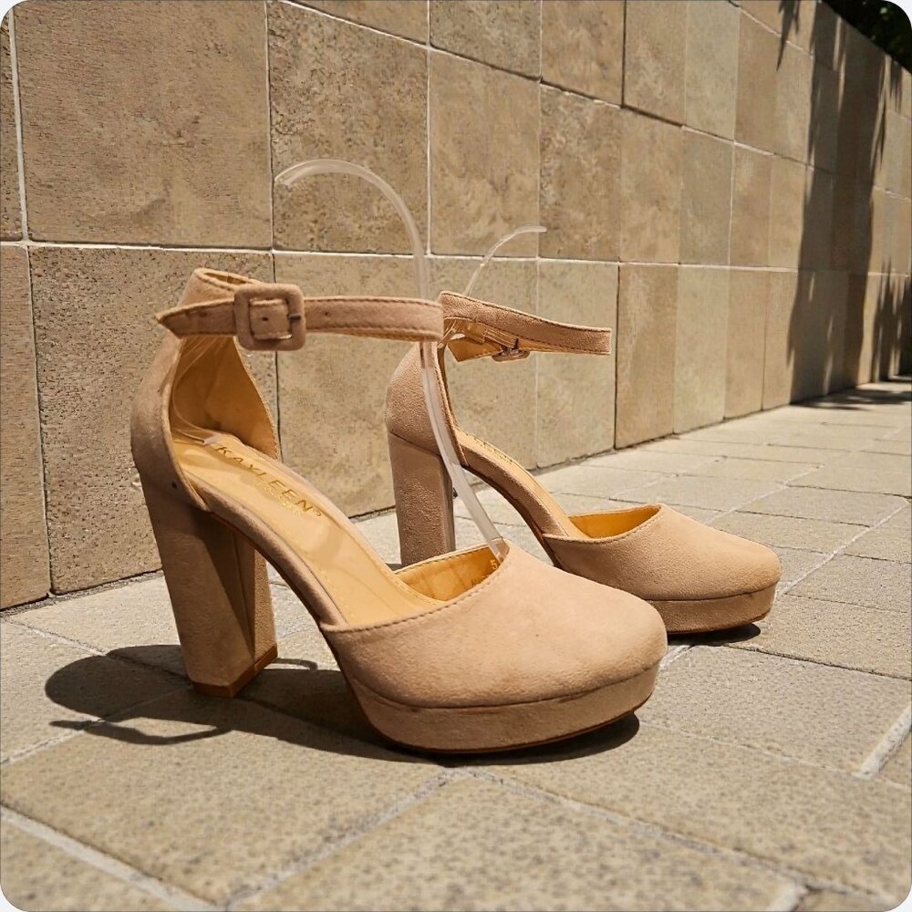 Nude Faux Suede Chunky Heel Platform Ankle Strap Pumps - Picture 9 of 9